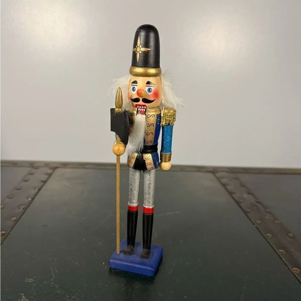 Wooden Nutcracker Hand Painted 9" Blue Uniform Top Movable Mouth Used